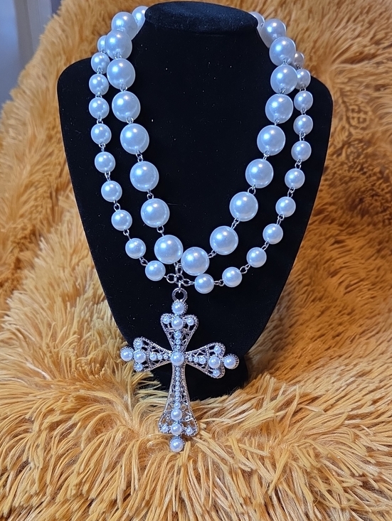 Jewelry - Pearl Cross Pendant Layered Necklace - White